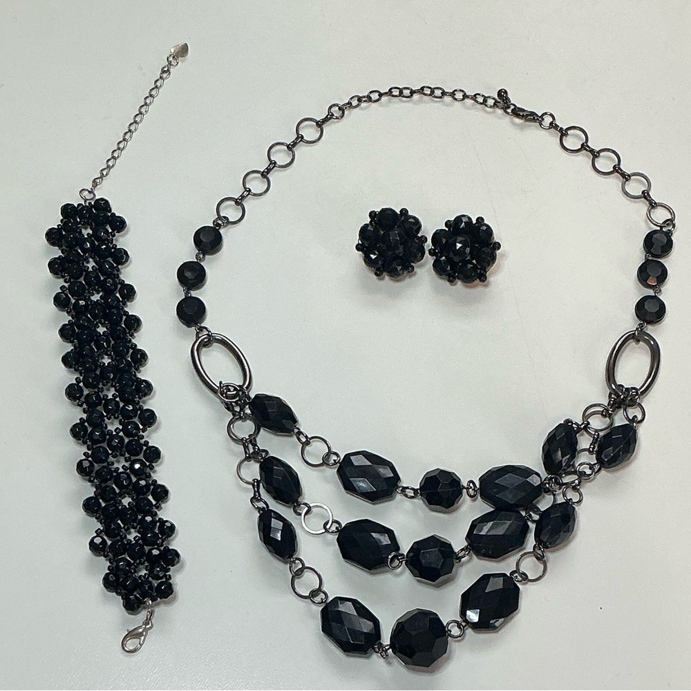 Vintage Black Beaded Statement Necklace, Earring & Bracelet set